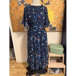 eShakti Modest Paint Dot Print Georgette Ruffle Trim Dress Sz M